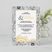 エレガントなモダン ボーホー ブラック&ホワイト ペイズリー 遊び心のある 箔招待状 (立ち正面)