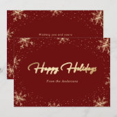 エレガントなモダン レッド ゴールド スノーフレーク シーズンカード (正面/裏面)