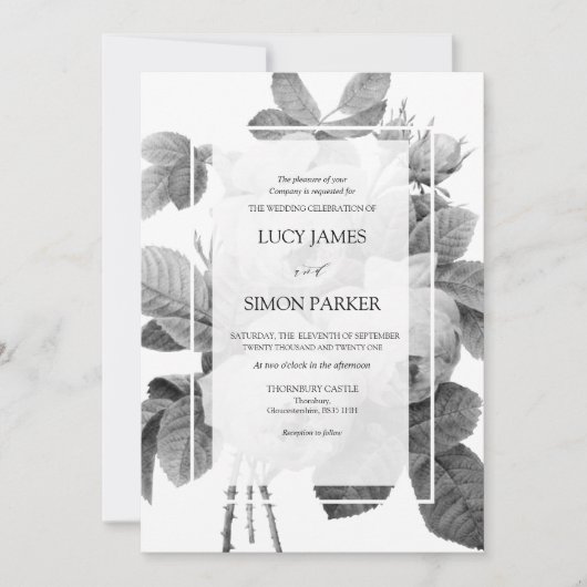 エレガントなモノクロのフランス ヴィンテージ ローズ 招待状 (正面)