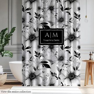 エレガントなモノクロの植物柄シャワーカーテン シャワーカーテン