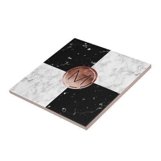 エレガントなモノグラムのばら色の金ゴールドの白黒の大理石 タイル (側面)