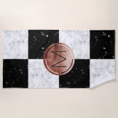 エレガントなモノグラムのばら色の金ゴールドの白黒の大理石 ビーチタオル (正面)