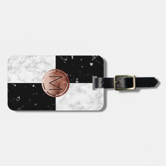 エレガントなモノグラムのばら色の金ゴールドの白黒の大理石 ラゲッジタグ (正面横)