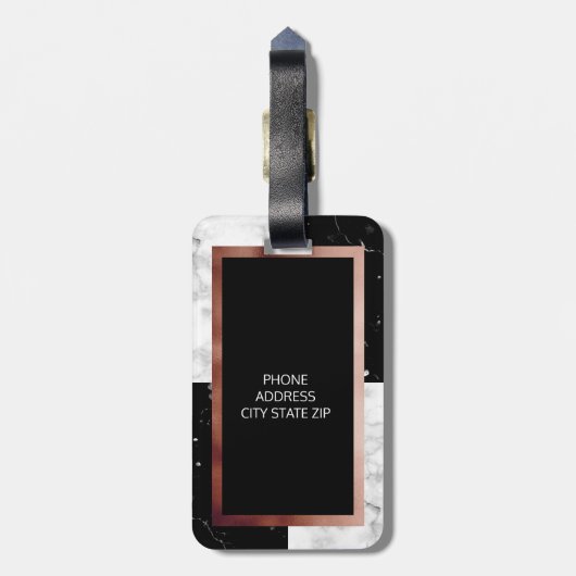 エレガントなモノグラムのばら色の金ゴールドの白黒の大理石 ラゲッジタグ (裏面縦)