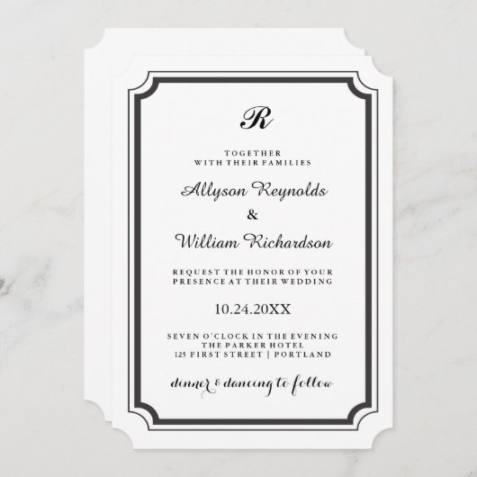 エレガントなモノグラムのフォーマルな白黒結婚式 招待状 (正面/裏面)