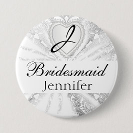 エレガントなモノグラムのブライダルパーティの白いサテンのデザイン 缶バッジ