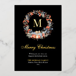 エレガントなモノグラムのリース 現代的なブラックゴールド 箔シーズンカード