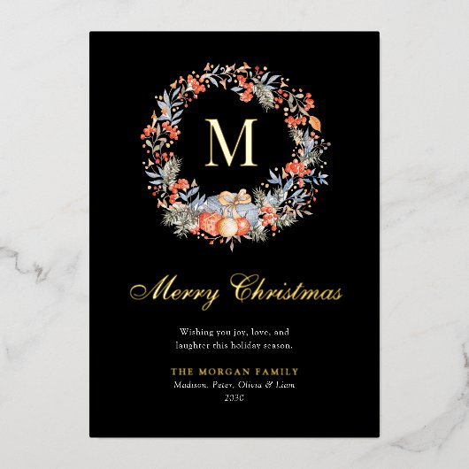 エレガントなモノグラムのリース 現代的なブラックゴールド 箔シーズンカード (正面)