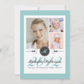 エレガントなモノグラムの写真のコラージュの卒業のティール（緑がかった色） 招待状 (正面)