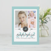 エレガントなモノグラムの写真のコラージュの卒業のティール(緑がかった色) 招待状 (スタンド正面)
