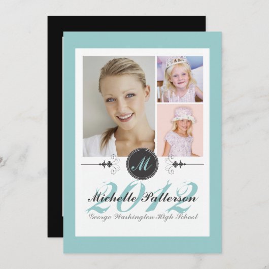エレガントなモノグラムの写真のコラージュの卒業のティール(緑がかった色) 招待状 (正面/裏面)