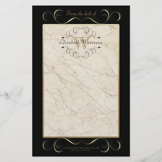 エレガントなモノグラムの白い大理石のオーナメントの金ゴールドの黒 便箋 (正面)