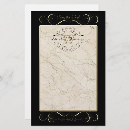 エレガントなモノグラムの白い大理石のオーナメントの金ゴールドの黒 便箋 (正面/裏面)