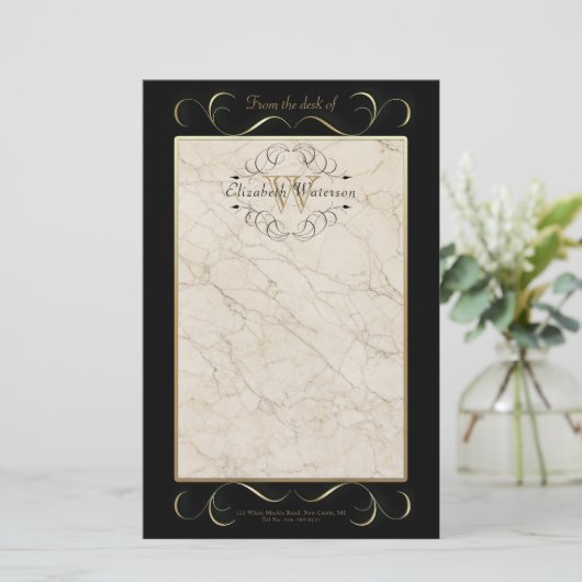 エレガントなモノグラムの白い大理石のオーナメントの金ゴールドの黒 便箋 (スタンド正面)