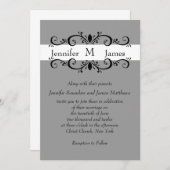 エレガントなモノグラムの結婚式招待状は灰色をスクロールします 招待状 (正面/裏面)