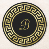 エレガントなモノグラムの金ゴールドのグリッターのギリシャ人の鍵の黒 ラウンドペーパーコースター (正面)