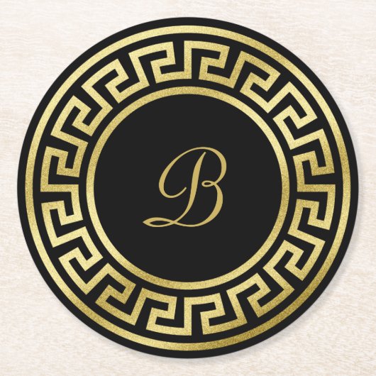 エレガントなモノグラムの金ゴールドのグリッターのギリシャ人の鍵の黒 ラウンドペーパーコースター (正面)
