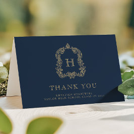 エレガントなモノグラムクレスト ネイビーブルー ゴールド 卒業 サンキューカード