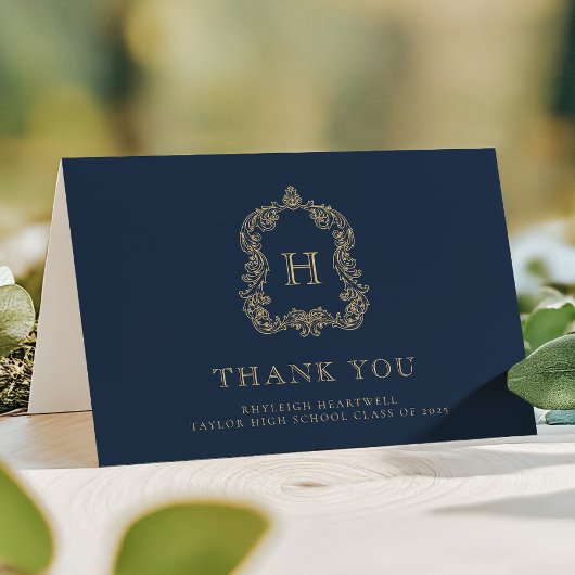 エレガントなモノグラムクレスト ネイビーブルー ゴールド 卒業 サンキューカード