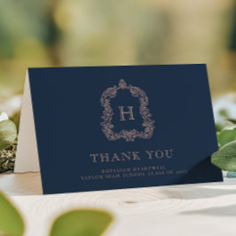 エレガントなモノグラムクレスト ネイビーブルー ローズ 卒業 サンキューカード