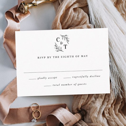 エレガントなモノグラムグリーンリーフウェディング 出欠カード