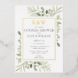 エレガントなモノグラムグリーン カップルシャワー ゴールド 箔招待状