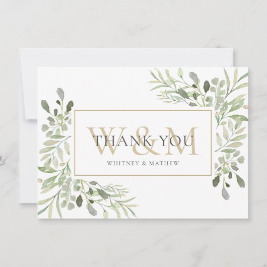 エレガントなモノグラムグリーン サンキューカード (正面)
