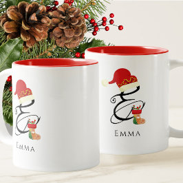 エレガントなモノグラムスクリプトのイニシャル「E」のクリスマスデザイン ツートーンマグカップ