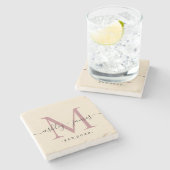 エレガントなモノグラムスクリプト名 ウェディングデート アイボリー ストーン ストーンコースター (横)
