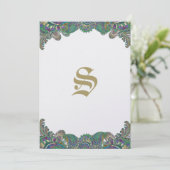 エレガントなモノグラムペイズリー孔雀色のウェディング メニュー (スタンド正面)