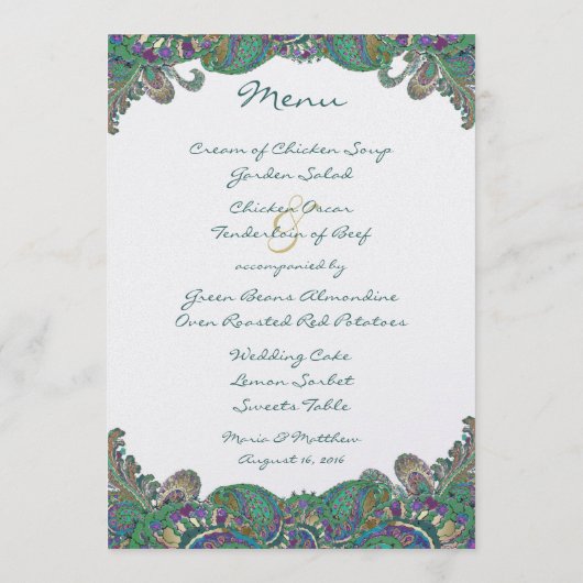 エレガントなモノグラムペイズリー孔雀色のウェディング メニュー (裏面)