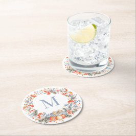 エレガントなモノグラムリース ダスティーブルー モダン ラウンドペーパーコースター