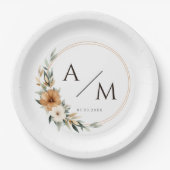 エレガントなモノグラム カッパー アーシー ボタニカル ウェディング ペーパープレート (正面)