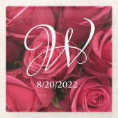 エレガントなモノグラム ピンクのバラの花のガラス コースター (正面)