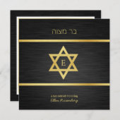 エレガントなモノグラム ブラック&ゴールド バット・ミッツヴァ 招待状 (正面/裏面)