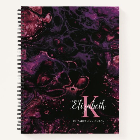 エレガントなモノグラム ブラック パープル スクリプト ノートブック (正面)