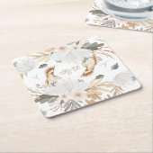 エレガントなモノグラム ボヘミアンワンピース 水彩の花と鳥 スクエアペーパーコースター (アングル)