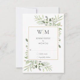 エレガントなモノグラム 水彩のグリーン ウェディング 出欠カード