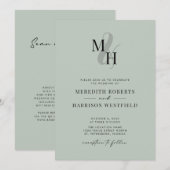 エレガントなモノグラムQRコード招待状 サググリーン ウェディング 招待状 (正面/裏面)