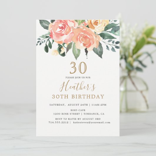 エレガントなモモおよび金ゴールドの花柄の第30誕生日 招待状 (スタンド正面)