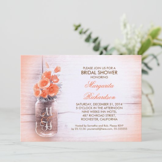 エレガントなモモによってはメーソンジャーのブライダルシャワーが開花します 招待状 (スタンド正面)