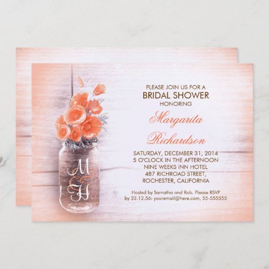 エレガントなモモによってはメーソンジャーのブライダルシャワーが開花します 招待状 (正面/裏面)