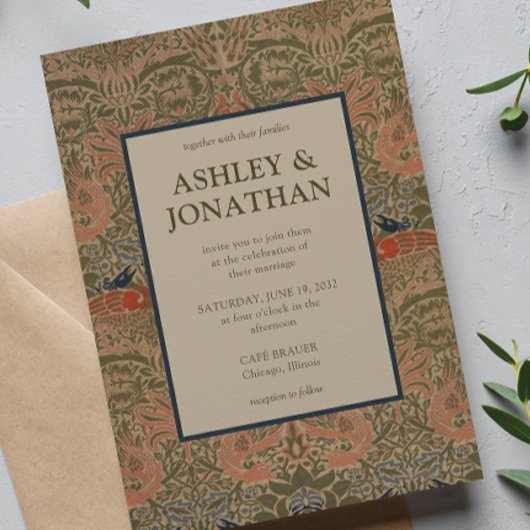 エレガントなモリス ペコック & ドラゴン柄 ウェディング 招待状