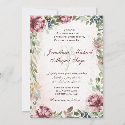 エレガントなモーブピンクの芍薬の花をあしらったクリスチャンウェディング 招待状 (正面)