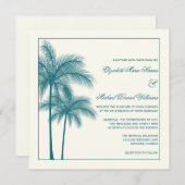 エレガントなヤシの木のティール（緑がかった色）のベージュ色の正方形 招待状 (正面/裏面)