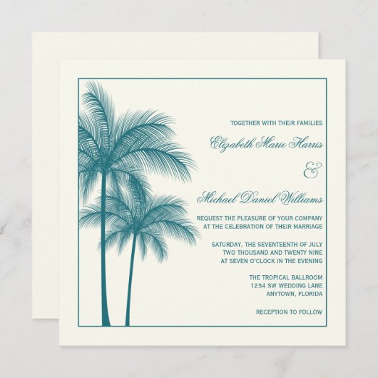 エレガントなヤシの木のティール(緑がかった色)のベージュ色の正方形 招待状 (正面/裏面)