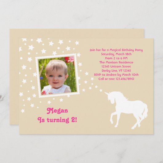 エレガントなユニコーンの誕生会の写真の招待状 招待状 (正面/裏面)