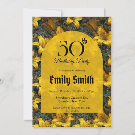 エレガントなユリのアクセントサプライズ誕生日 招待状 (正面)