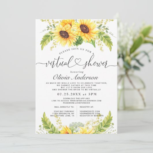 エレガントなユーカリとひまわりのバーチャルブライダルシャワー 招待状 (スタンド正面)