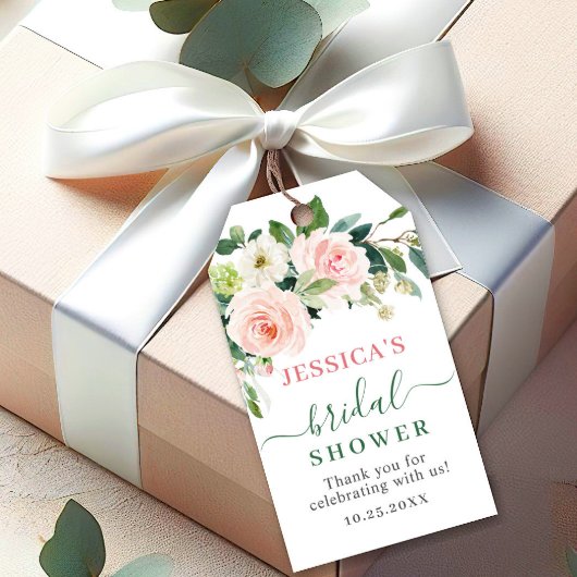 エレガントなユーカリとコーラルピンクの花のブライダルシャワー ギフトタグ